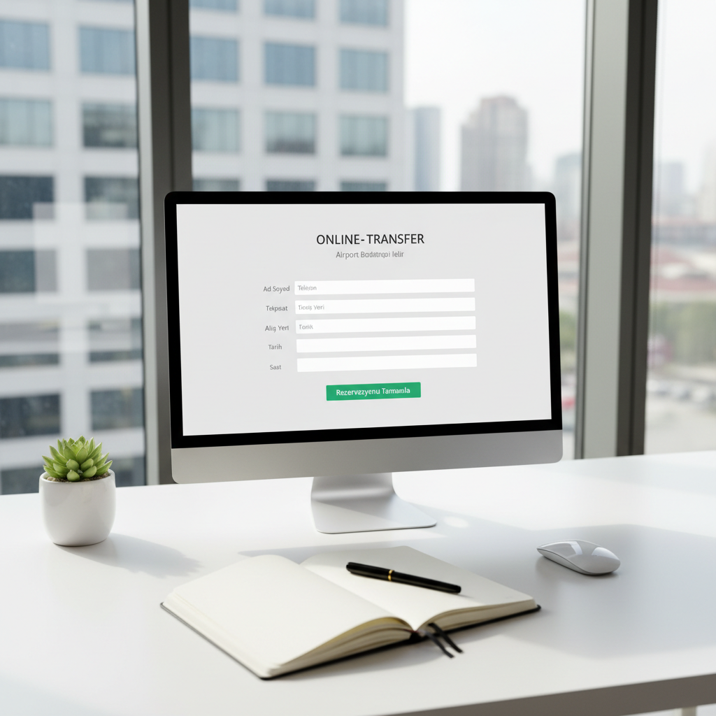 A dedicated online booking workstation features a slim, frameless monitor displaying a clean airport transfer reservation form in Turkish, alongside a compact wireless mouse on a smooth white desk surface. Next to the monitor rests a neatly positioned open notebook with a fine-tipped black pen, and a single potted green plant adds a touch of color. The background shows a softly blurred city skyline through a large office window. Bright, diffused daylight from the window illuminates the scene evenly, creating soft, natural shadows. Captured at eye level with symmetrical framing, the image has crisp details on the screen and desk accessories. The atmosphere is modern, organized, and user-friendly, emphasizing the simplicity of online transfer reservations in realistic, professional photography style.