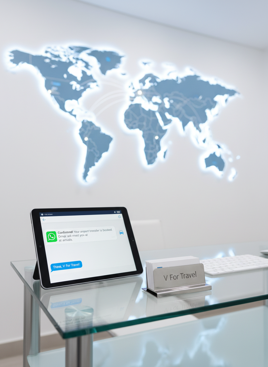 A minimalist, glass-topped reception desk in a modern travel office features a neatly arranged tablet showing a WhatsApp chat with a confirmed airport transfer, alongside a slim wireless keyboard and a single silver business card holder engraved with the brand name "V For Travel". Behind the desk, a large wall-mounted digital world map glows softly in blues and whites. Bright but diffused overhead lighting eliminates harsh shadows, giving the scene a crisp, professional clarity. Shot from a slightly elevated angle using the rule of thirds, the tablet screen and business card holder are in razor-sharp focus, with the map softly blurred. The overall atmosphere is efficient, trustworthy, and technologically advanced, rendered in clean photographic realism.