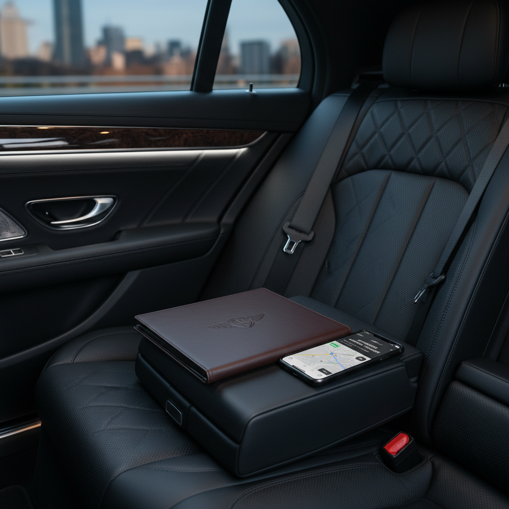 Inside a spotless luxury vehicle, a meticulously detailed black leather rear seat is visible beside a center armrest holding a closed leather-bound reservation folder embossed with a subtle logo, next to a modern smartphone displaying a confirmed airport transfer booking screen. An elegant brushed-metal air vent and ambient LED light strip in soft white frame the scene. Cool, diffused lighting from outside the car windows creates gentle reflections on the glass and soft highlights in the leather texture. Captured from a slightly elevated close-up perspective with a shallow depth of field, the background falls into a tasteful blur. The mood is calm, secure, and premium, emphasizing comfort and seamless digital booking in a photographic, corporate style.