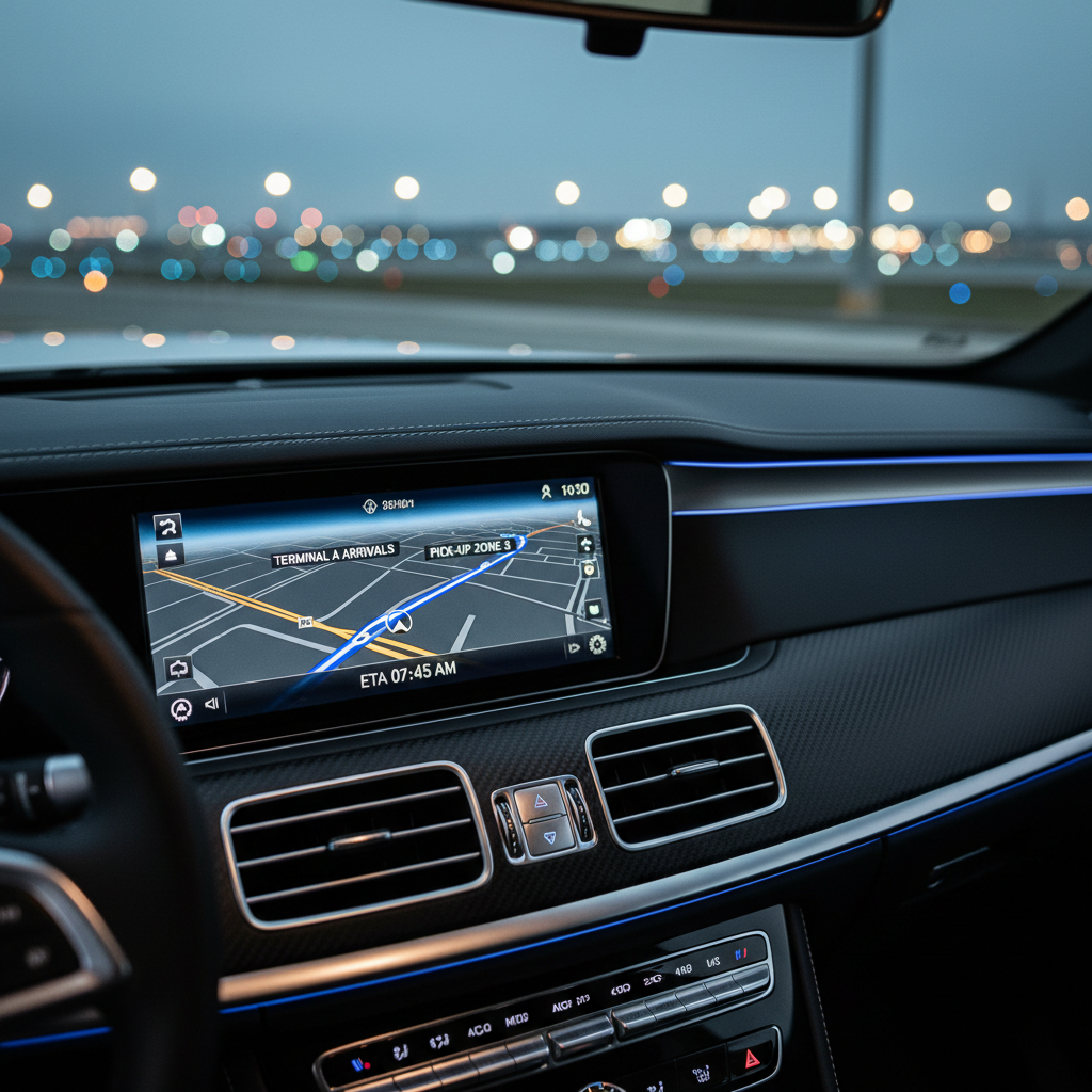 A high-resolution dashboard display in a premium vehicle shows a built-in navigation map zoomed in on an airport arrival zone, with a clear route line and estimated arrival time highlighted in vivid blue. The dashboard itself is finished in matte black with a subtle carbon-fiber pattern and brushed aluminum trim. Outside the windshield, the blurred glow of early-morning airport lights creates soft bokeh orbs in cool whites and gentle ambers. Soft interior lighting outlines the screen and control knobs without any harsh reflections. Photographed from the passenger seat at an angle that emphasizes the clarity of the navigation display, the composition uses shallow depth of field to keep focus on the technology. The mood is precise, punctual, and highly professional, with a modern, photographic aesthetic.