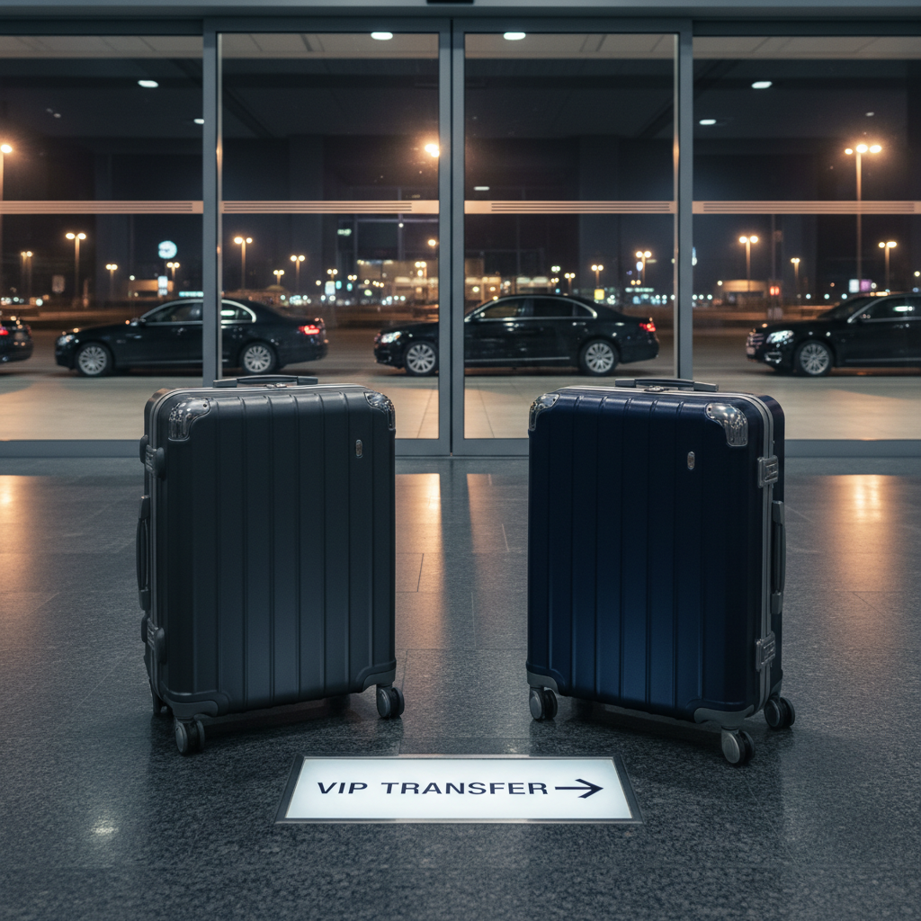 Two high-end travel suitcases, one graphite gray and one deep navy with brushed metal corners, stand side by side on a polished dark stone floor, precisely aligned next to a discreet "VIP Transfer" floor sign with an arrow. In the background, large glass doors reveal a night-time airport pickup zone, with a blurred line of luxury vehicles and soft reflections of terminal lights on wet pavement. The scene is illuminated by cool overhead terminal lighting mixed with subtle warm glows from the outside lamps, creating a balanced, professional look. Captured from a low, cinematic angle with moderate depth of field, the suitcases and transfer sign are sharply defined while the exterior vehicles remain softly out of focus. The mood is expectant, organized, and reassuringly exclusive.