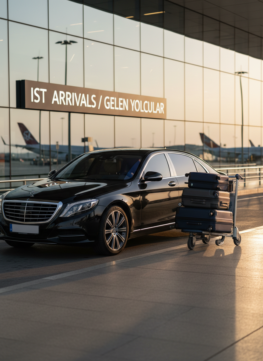 A luxurious black executive sedan with tinted windows and subtle chrome accents is parked precisely at the curb of a modern international airport terminal, next to a sleek stainless-steel luggage cart stacked with premium hard-shell suitcases. The terminal façade features expansive glass walls with softly glowing signage in Turkish and English. Warm late-afternoon natural light reflects off the polished car paint, creating refined highlights and gentle shadows on the ground. Photographed at eye level with a slightly wide angle, the image has sharp focus on the vehicle and luggage, while the background architecture gently blurs. The atmosphere feels professional, reliable, and high-end, in a clean, photographic realism style ideal for a VIP airport transfer website.
